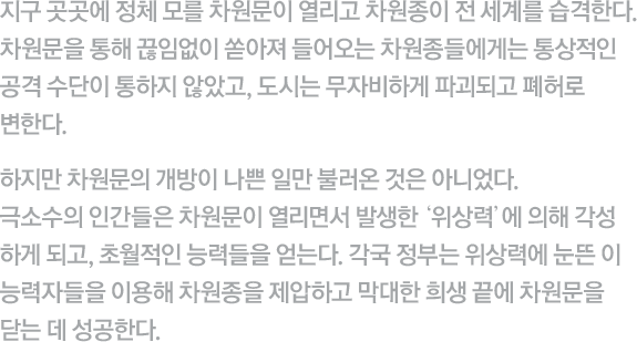 지구 곳곳에 정체 모를 차원문이 열리고 이계(異界)의 생명체가 전 세 계를 습격한다. 차원문을 통해 끊임없이 쏟아져 들어오는 이계 생명체들에게는 통상적인 공격수단이 통하지 않았고, 도시는 무자비하게 파괴되고 폐허로 변한다. 하지만 차원문의 개방이 나쁜 일만 불러온 것은 아니었다. 극소수의 인간들은 차원문이 열리면서 발생한 '위상력'에 의해 각성하게 되고, 초월적인 능력들을 얻는다. 각국정부는 위상력에 눈뜬 이능력자들을 이용해 이계 생명체를 제압하고 막대한 희생 끝에 차원문을 닫는 데 성공한다.